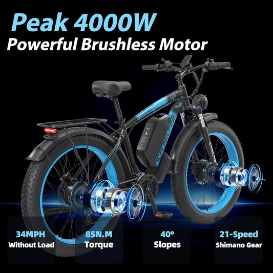 AWD Electric Bike for Adults, Peak 4000W Power 26” Fat Tire Ebike, 34MPH Dual Motor Electric Bicycles, 48V 23AH Removable Battery Fast Dual Hydraulic Brakes Electric Mountain Bike