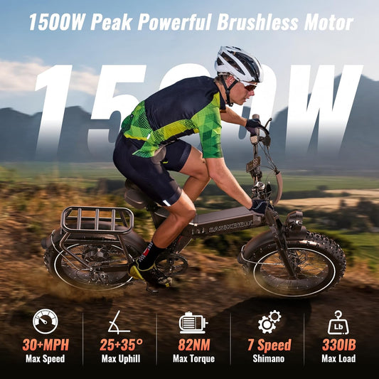 1500W Electric Bike for Adults Full Suspension,48/52v 20AH Electric Dirt Bike with 20" x 4.0 Fat Tire, Max 30+MPH & 70 Miles Electric Bicycle, Ebike for Snow, Mountains, Road UL Certified
